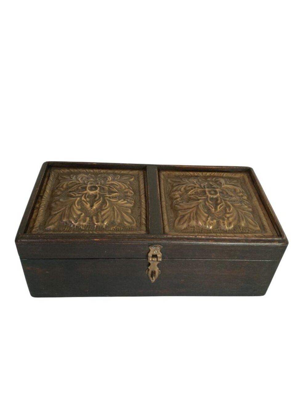 Vintage Wood Keepsake Box with Ornate Metal Lid